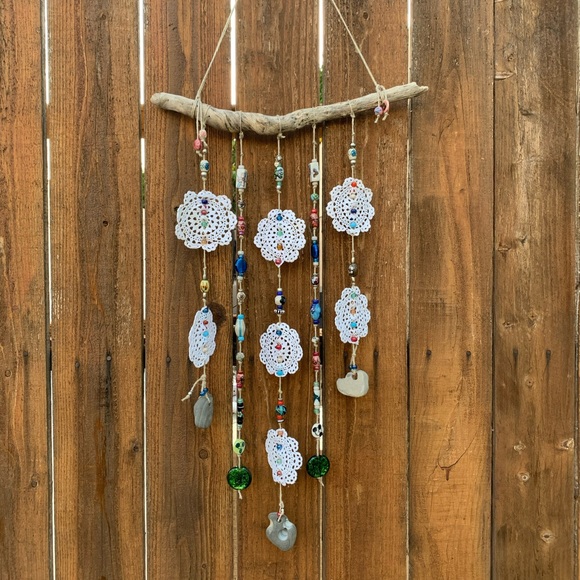 Driftwood Crochet Boho Flowers Of Life Glass Beads Sea Rocks Window Wall Decor - Picture 9 of 15
